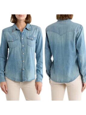 NEW Mother The Gathered All My Exes Snap Up Western Shirt Blue Size: Medium